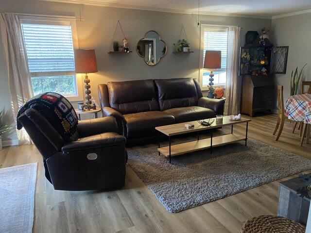 living room with ornamental molding, plenty of natural light, and wood finished floors