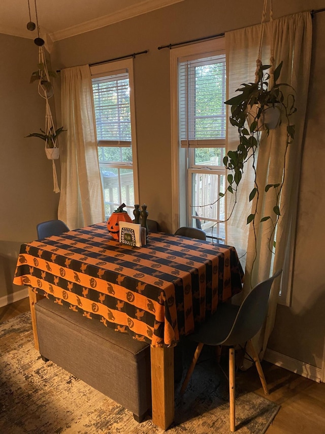 dining room with ornamental molding, a healthy amount of sunlight, baseboards, and wood finished floors