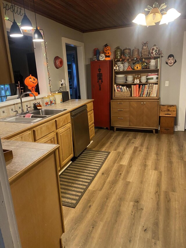 kitchen with wooden ceiling, a sink, dishwasher, light wood finished floors, and pendant lighting