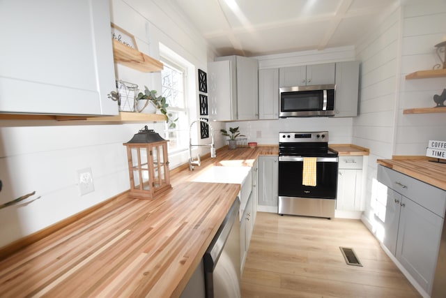 kitchen with sink, stainless steel appliances, light hardwood / wood-style flooring, wooden counters, and gray cabinets