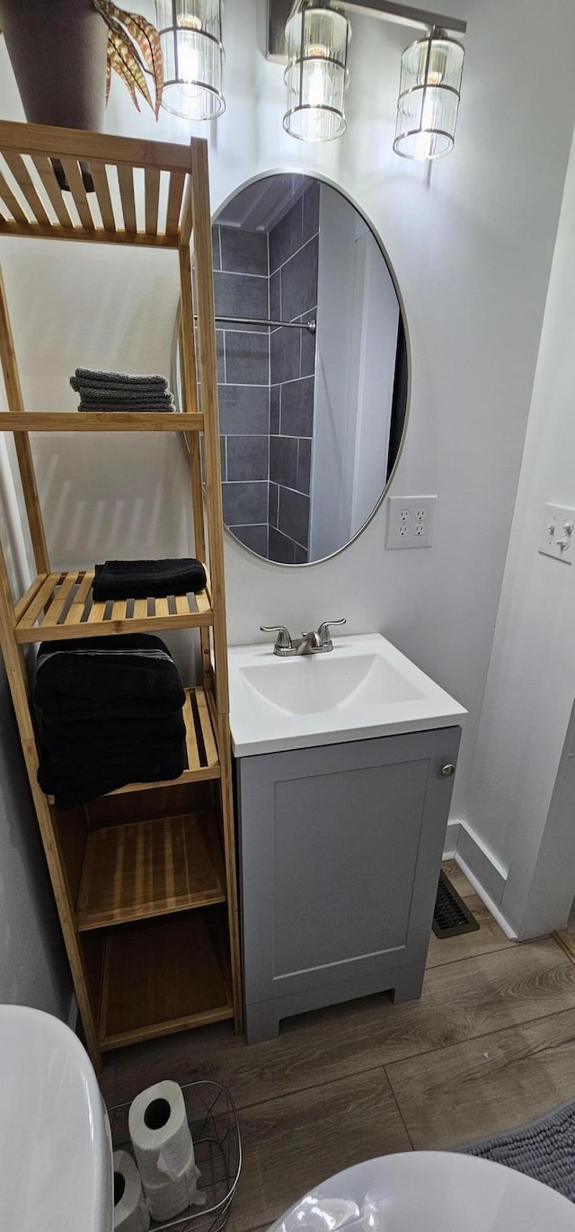 bathroom with hardwood / wood-style flooring and vanity