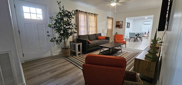 living room featuring ceiling fan and wood-type flooring