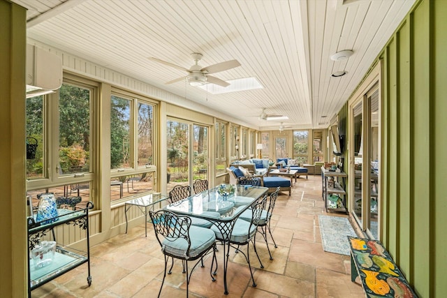 sunroom featuring ceiling fan, wood ceiling, and a skylight