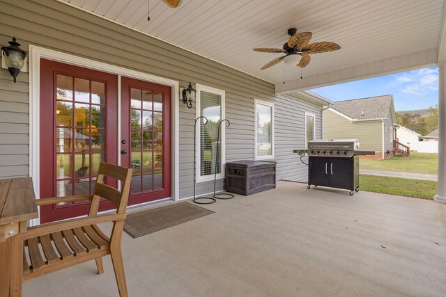 view of patio / terrace featuring ceiling fan, covered porch, and grilling area