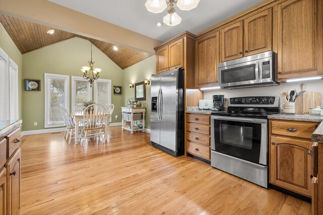 kitchen with appliances with stainless steel finishes, light wood-type flooring, and lofted ceiling with beams