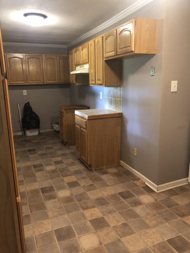 kitchen featuring baseboards, ornamental molding, and under cabinet range hood