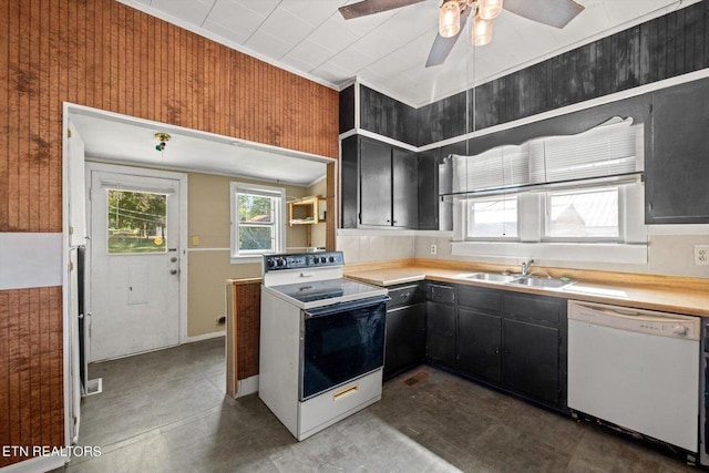 kitchen with ceiling fan, white appliances, and sink