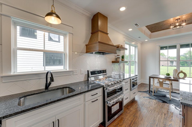 111 Arthur Ln NW, Cleveland, TN 37312 - kitchen with range with two ovens, a sink, ornamental molding, white cabinetry, and open shelves