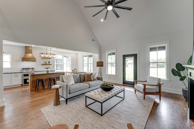 111 Arthur Ln NW, Cleveland, TN 37312 - living room with high vaulted ceiling, ceiling fan, healthy amount of natural light, light wood-style flooring, and baseboards