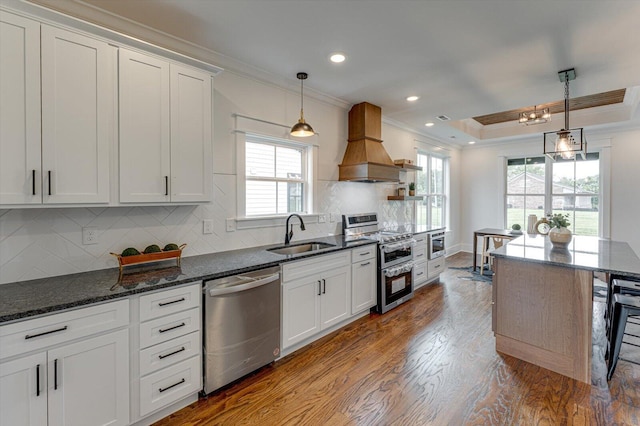 111 Arthur Ln NW, Cleveland, TN 37312 - kitchen featuring appliances with stainless steel finishes, a sink, crown molding, custom range hood, and dark wood-type flooring
