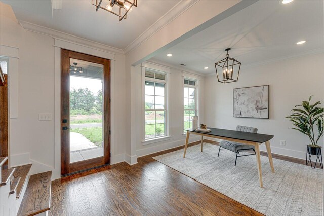 111 Arthur Ln NW, Cleveland, TN 37312 - home office featuring a chandelier, crown molding, wood finished floors, plenty of natural light, and baseboards