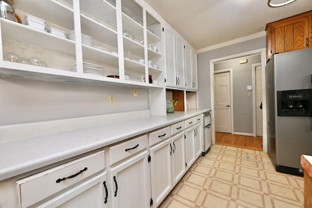 kitchen featuring crown molding, white cabinets, open shelves, stainless steel fridge with ice dispenser, and light floors