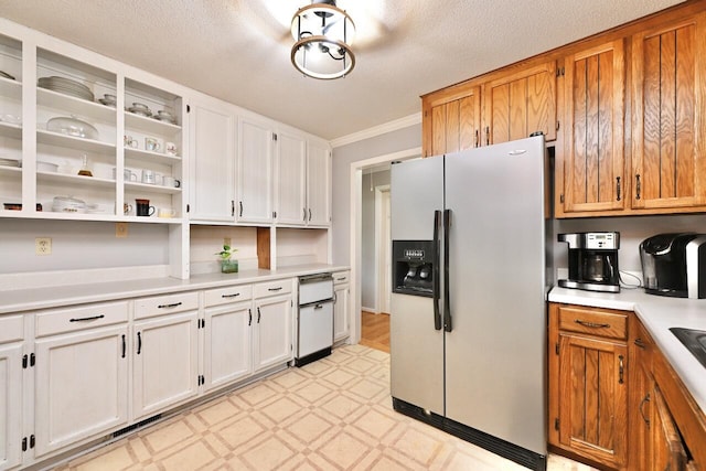 kitchen featuring open shelves, ornamental molding, light floors, stainless steel refrigerator with ice dispenser, and light countertops