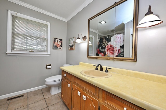 full bath featuring crown molding, tile patterned flooring, vanity, baseboards, and visible vents