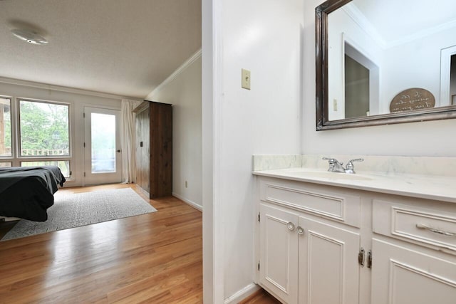 bathroom featuring crown molding, baseboards, wood finished floors, and vanity