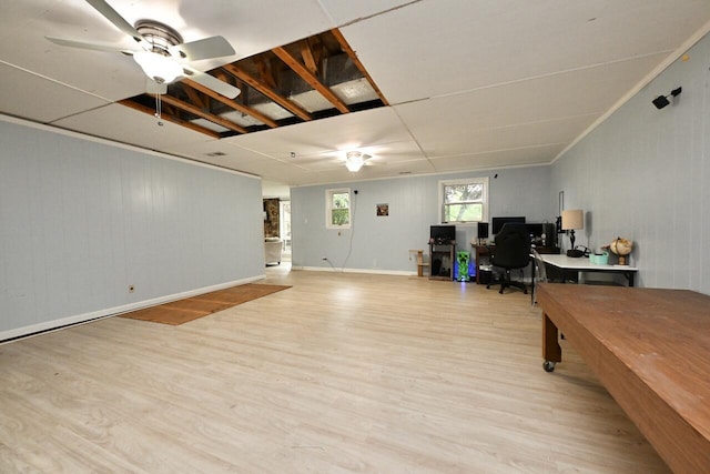 office area with ceiling fan and light wood-type flooring