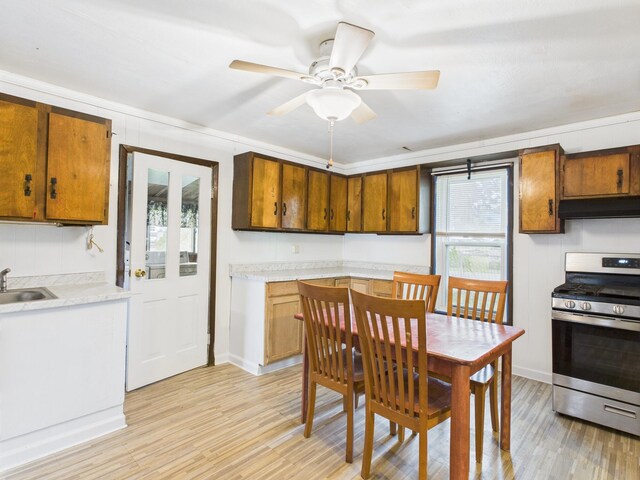174 E Jackson Ave, Spring City, TN 37381 - kitchen with stainless steel gas range oven, under cabinet range hood, light countertops, and light wood-style flooring