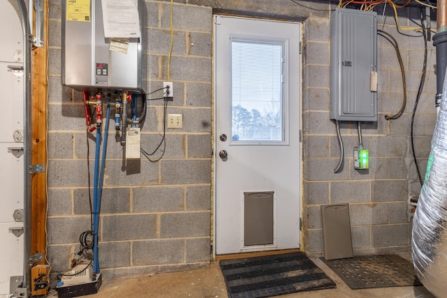 utility room with electric panel and tankless water heater