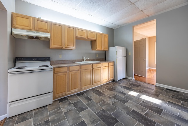 kitchen featuring light brown cabinets, white appliances, a drop ceiling, and sink