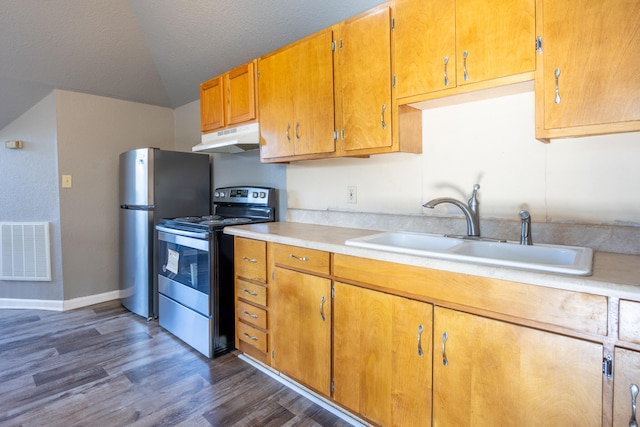 kitchen with lofted ceiling, stainless steel appliances, dark wood-type flooring, and sink