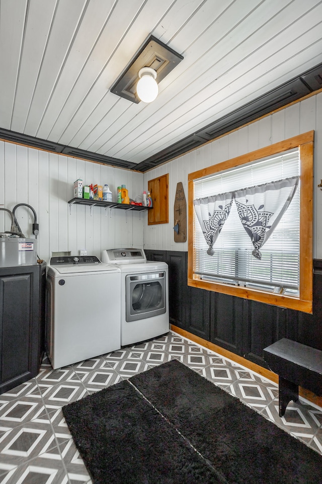 laundry area with wooden walls, washer and dryer, and wooden ceiling