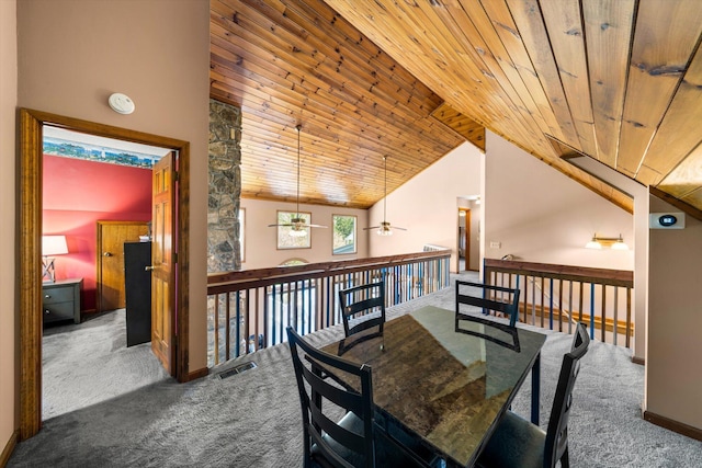 131 Corntassel Shrs, Vonore, TN 37885 - dining space with high vaulted ceiling, carpet flooring, wood ceiling, and a ceiling fan