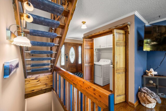 131 Corntassel Shrs, Vonore, TN 37885 - staircase featuring crown molding, washer / clothes dryer, and a textured ceiling