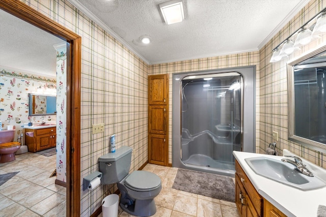 131 Corntassel Shrs, Vonore, TN 37885 - bathroom with ornamental molding, toilet, a shower stall, and wallpapered walls
