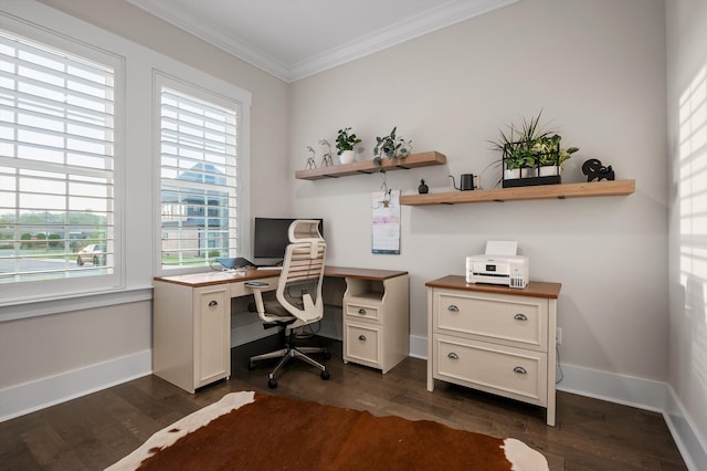 office with crown molding, a wealth of natural light, and dark wood-type flooring