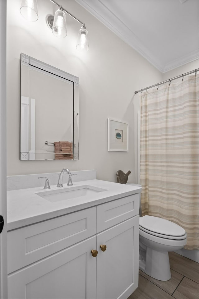 bathroom featuring toilet, ornamental molding, and vanity