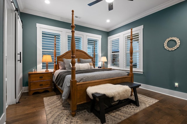 bedroom featuring baseboards, ornamental molding, and hardwood / wood-style flooring