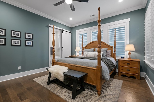 bedroom featuring crown molding, baseboards, visible vents, and dark wood-type flooring