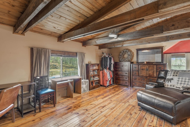 sitting room featuring lofted ceiling with beams, light hardwood / wood-style flooring, and wooden ceiling