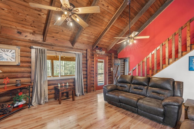 living room with wooden ceiling, high vaulted ceiling, light hardwood / wood-style flooring, log walls, and beam ceiling