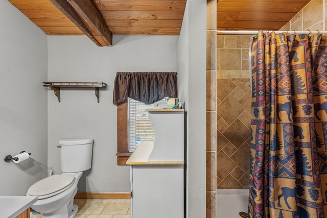 bathroom with vanity, wooden ceiling, a shower with shower curtain, toilet, and beamed ceiling