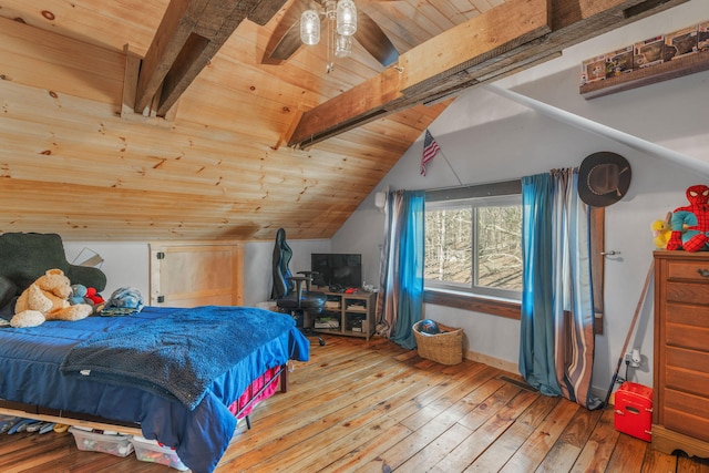 bedroom with hardwood / wood-style floors, vaulted ceiling with beams, ceiling fan, and wood ceiling