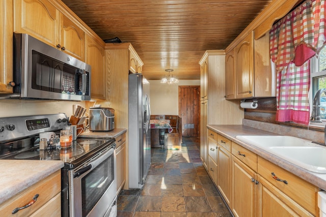 kitchen with wood ceiling, sink, appliances with stainless steel finishes, and a chandelier