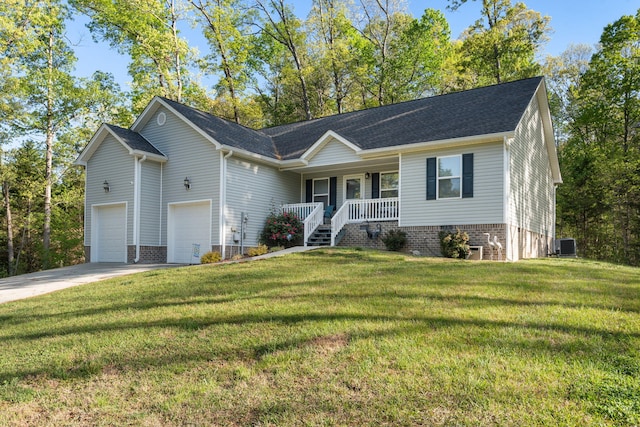 ranch-style home with concrete driveway, central air condition unit, a porch, and a front yard