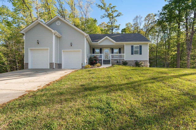 ranch-style house featuring concrete driveway, a porch, and a front yard
