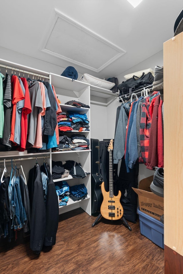 spacious closet with attic access and wood finished floors