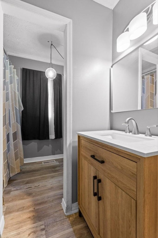 608 Parkview Dr, Chattanooga, TN 37411 - bathroom featuring vanity, wood finished floors, and a shower with curtain