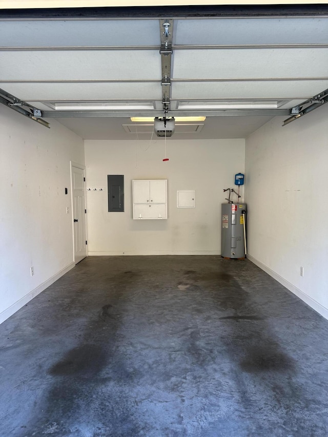 garage with electric panel, electric water heater, and a garage door opener