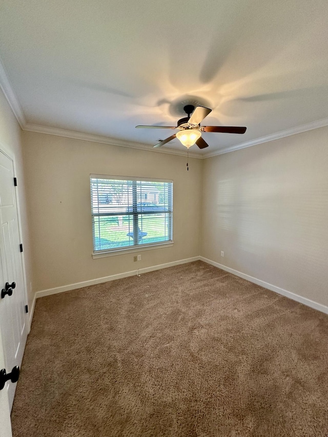 spare room featuring crown molding, carpet, and ceiling fan