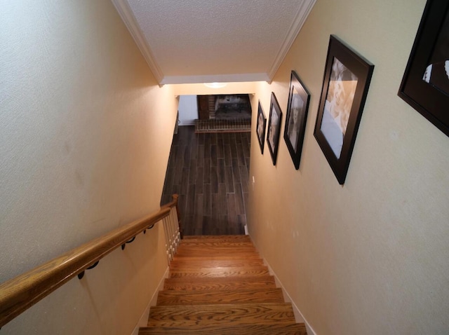 3611 Sourwood Trl NW, Cleveland, TN 37312 - stairway featuring ornamental molding, wood finished floors, and a textured ceiling