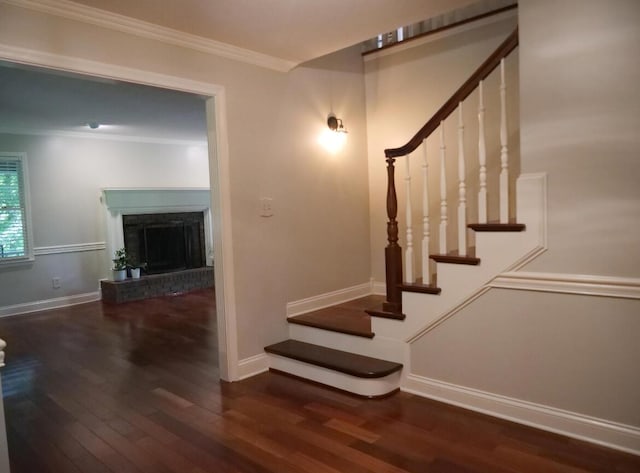 3611 Sourwood Trl NW, Cleveland, TN 37312 - staircase with wood finished floors, crown molding, a brick fireplace, and baseboards