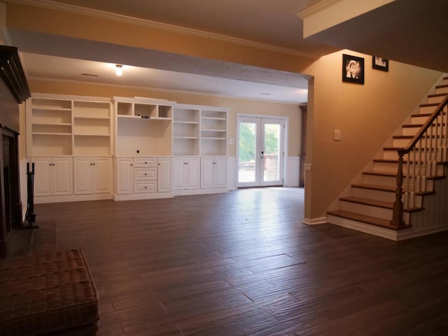 3611 Sourwood Trl NW, Cleveland, TN 37312 - unfurnished living room with french doors, crown molding, stairway, dark wood-style floors, and baseboards