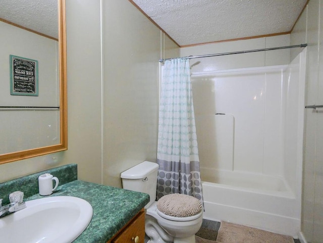 263 County Road 967, Riceville, TN 37370 - bathroom with a textured ceiling, vanity, toilet, shower / bathtub combination with curtain, and ornamental molding