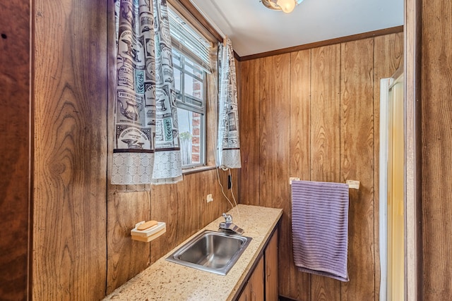 bathroom with wooden walls, sink, and ornamental molding