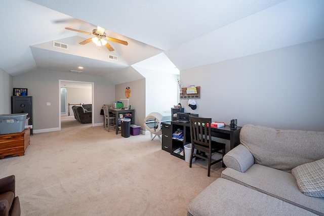 123 Carson Pl, Clinton, TN 37716 - home office featuring ceiling fan, vaulted ceiling, and carpet floors