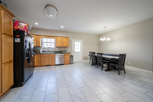 123 Carson Pl, Clinton, TN 37716 - kitchen featuring stainless steel dishwasher, black refrigerator with ice dispenser, light marble finish flooring, a chandelier, and recessed lighting